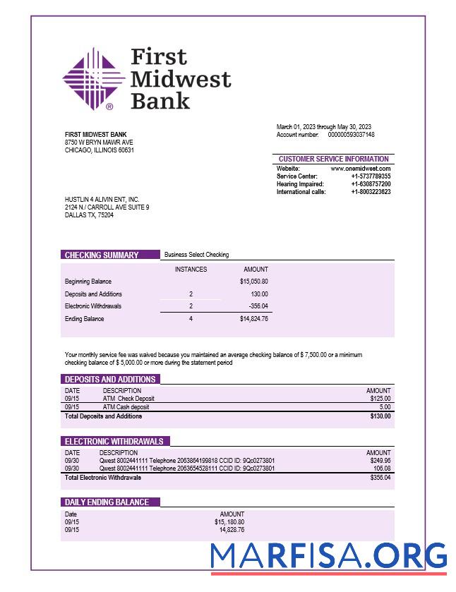 Blank First Midwest Bank company account statement Word and PDF template